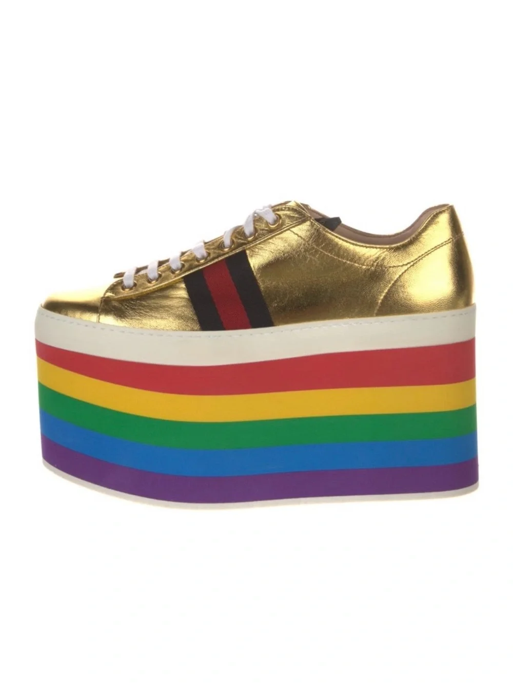 NEW 38.5 Gucci Peggy Gold Metallic Platform Sneakers with Rainbow Sole